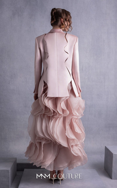 Gaby Charbachi Plunging Blazer Gown with Ruffled High-Low Skirt in Pink