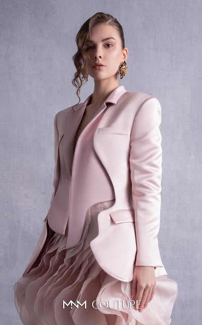 Gaby Charbachi Plunging Blazer Gown with Ruffled High-Low Skirt in Pink