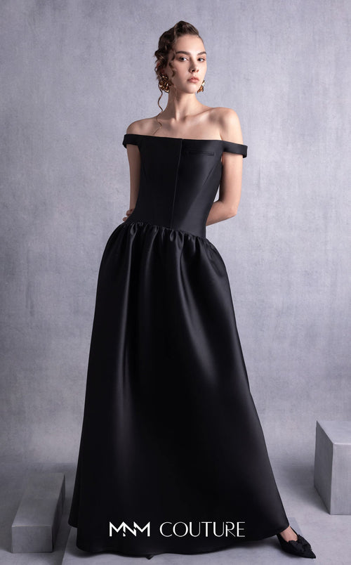 Gaby Charbachi GOS2507 Black Off-Shoulder High Slit Gown by MNM Couture