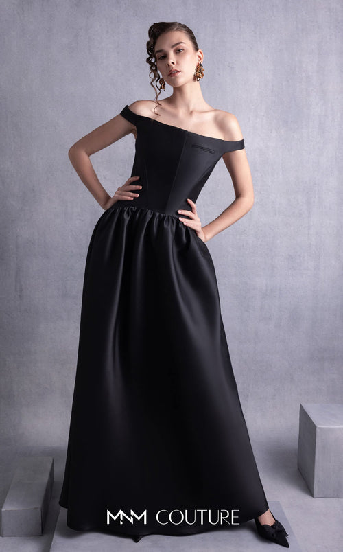 Gaby Charbachi GOS2507 Black Off-Shoulder High Slit Gown by MNM Couture