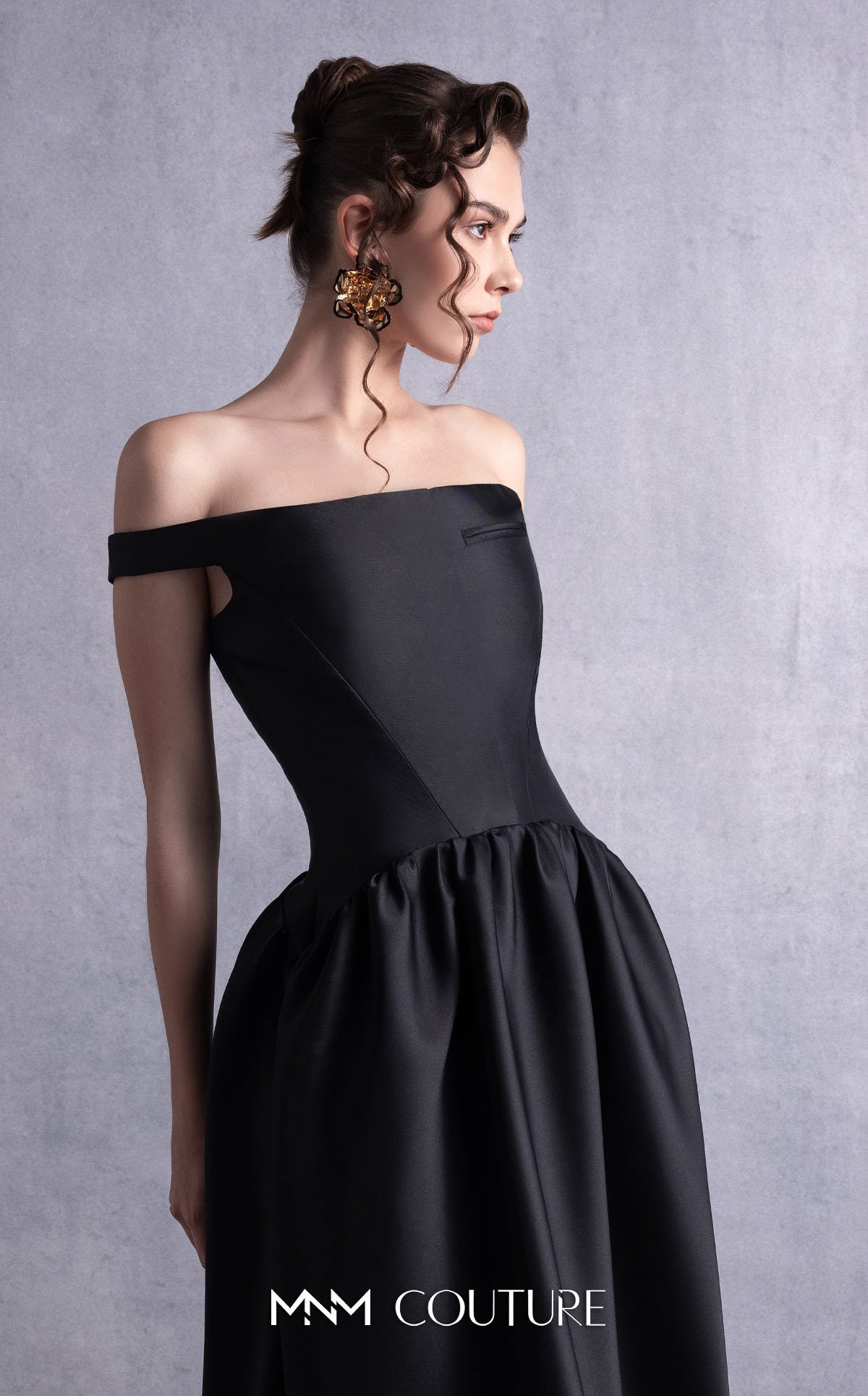 Gaby Charbachi GOS2507 Black Off-Shoulder High Slit Gown by MNM Couture