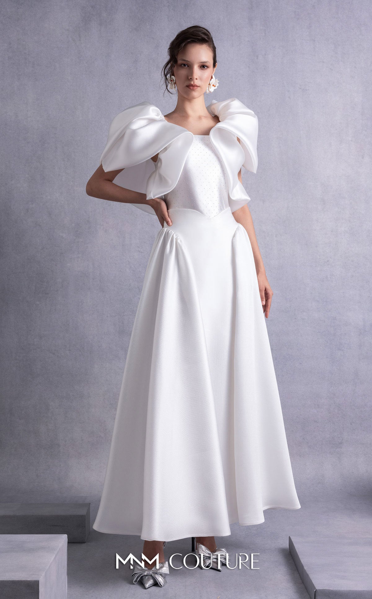Gaby Charbachi Off White Strapless Satin Gown with High Slit by MNM Couture