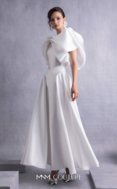 Gaby Charbachi Off White Strapless Satin Gown with High Slit by MNM Couture