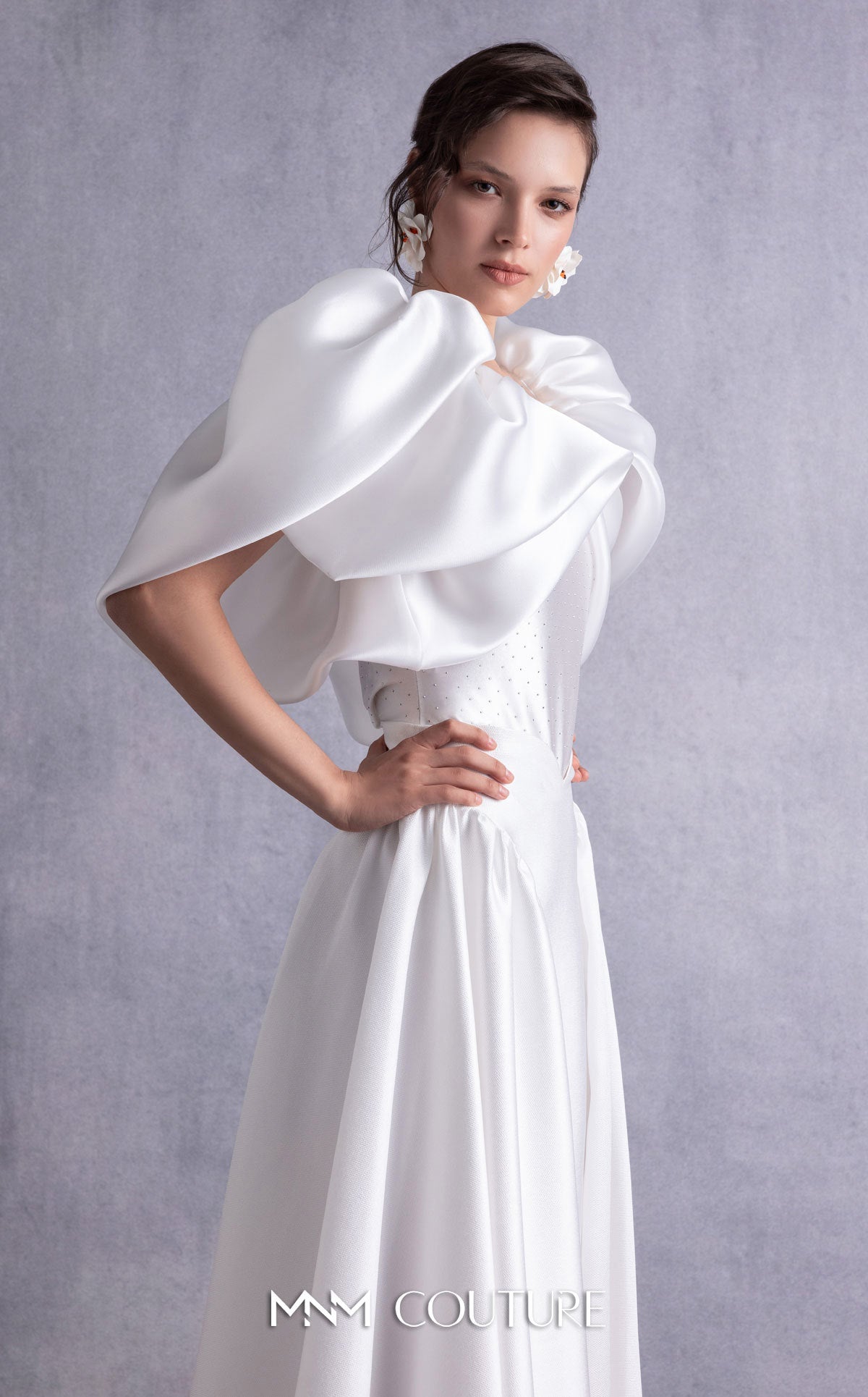 Gaby Charbachi Off White Strapless Satin Gown with High Slit by MNM Couture