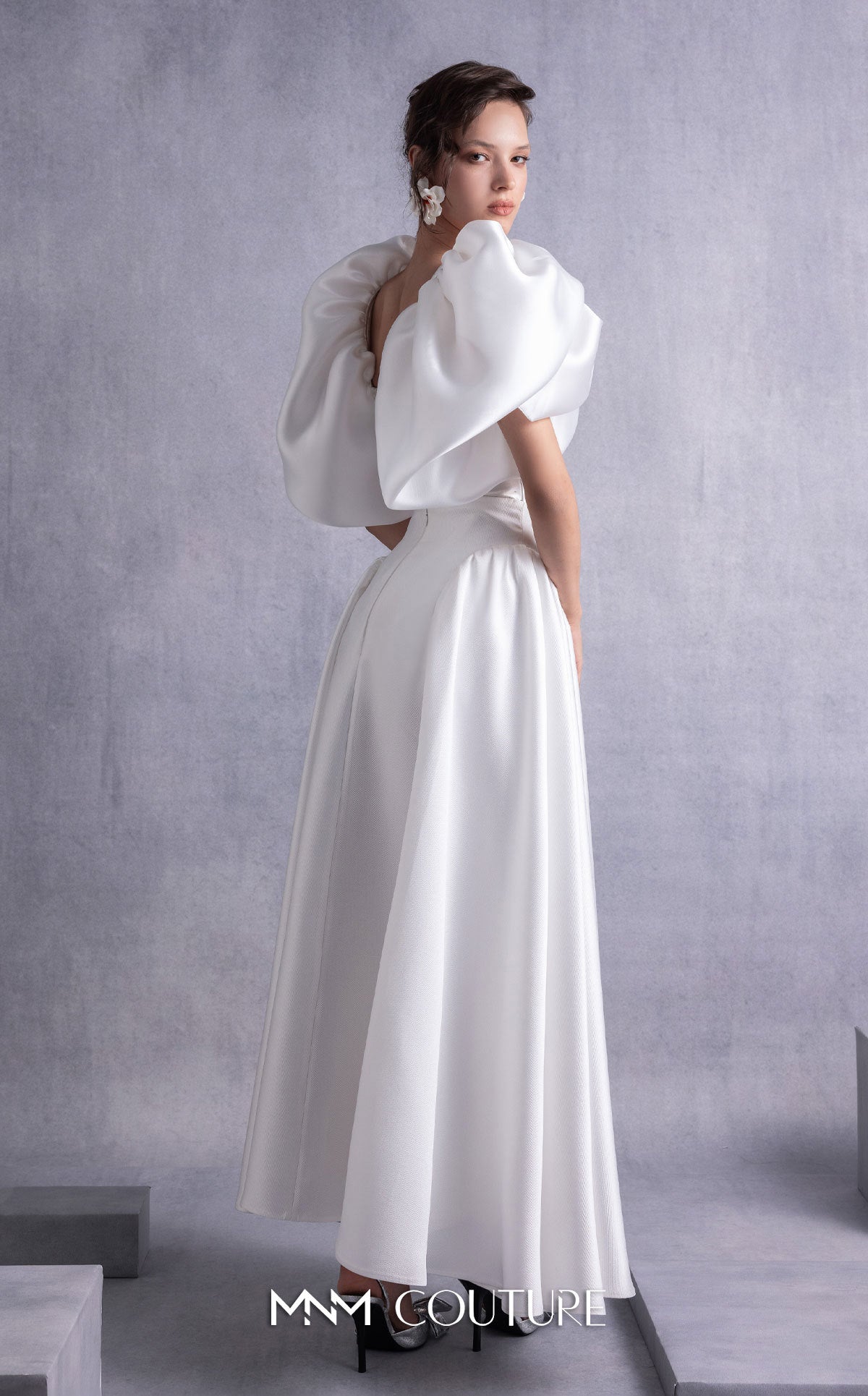 Gaby Charbachi Off White Strapless Satin Gown with High Slit by MNM Couture