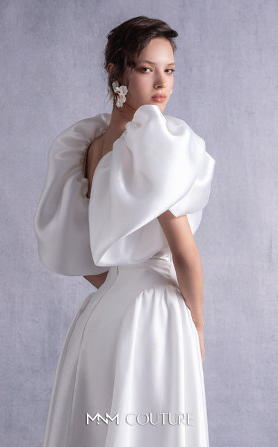 Gaby Charbachi Off White Strapless Satin Gown with High Slit by MNM Couture