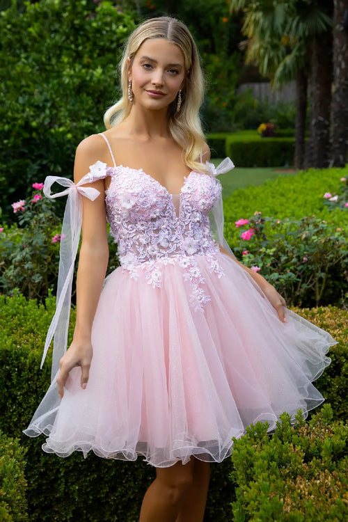 Vestido corto con hombros descubiertos y lazo de Elizabeth K GS3513