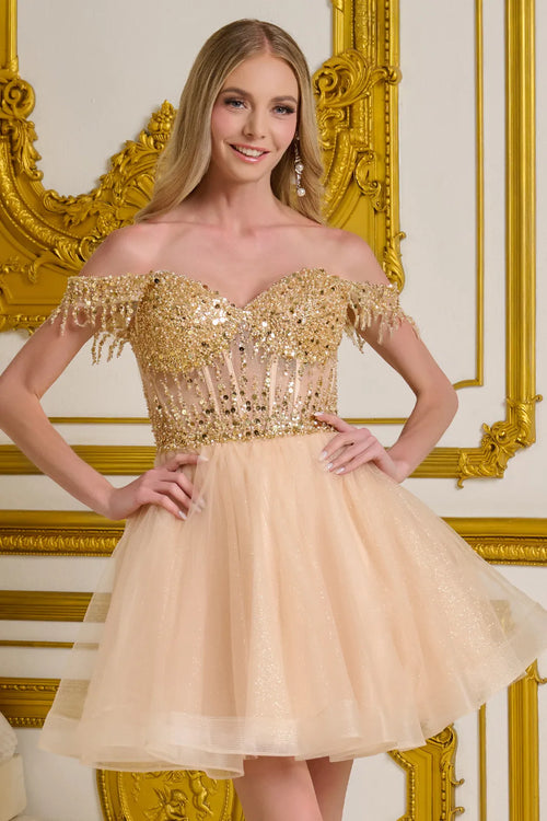 Off Shoulder Beaded Homecoming Dress Short Tulle A-Line Cocktail Dress by Elizabeth K GS3634