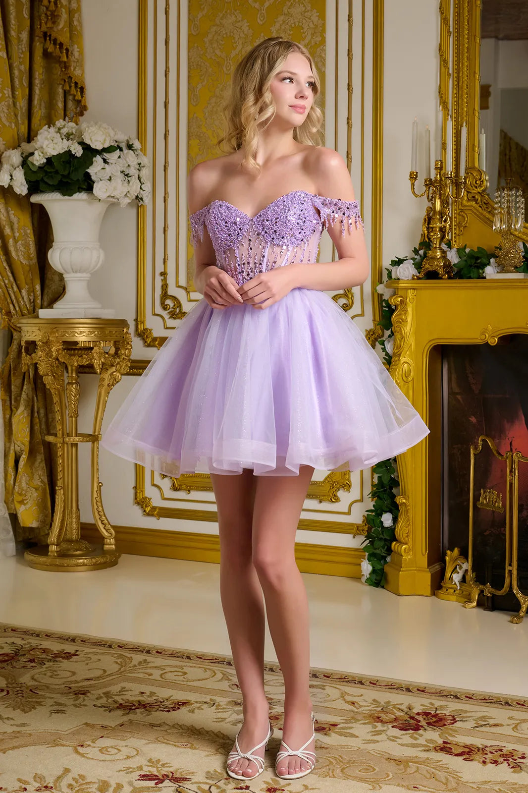 Off Shoulder Beaded Homecoming Dress Short Tulle A-Line Cocktail Dress by Elizabeth K GS3634