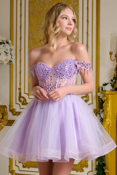 Off Shoulder Beaded Homecoming Dress Short Tulle A-Line Cocktail Dress by Elizabeth K GS3634