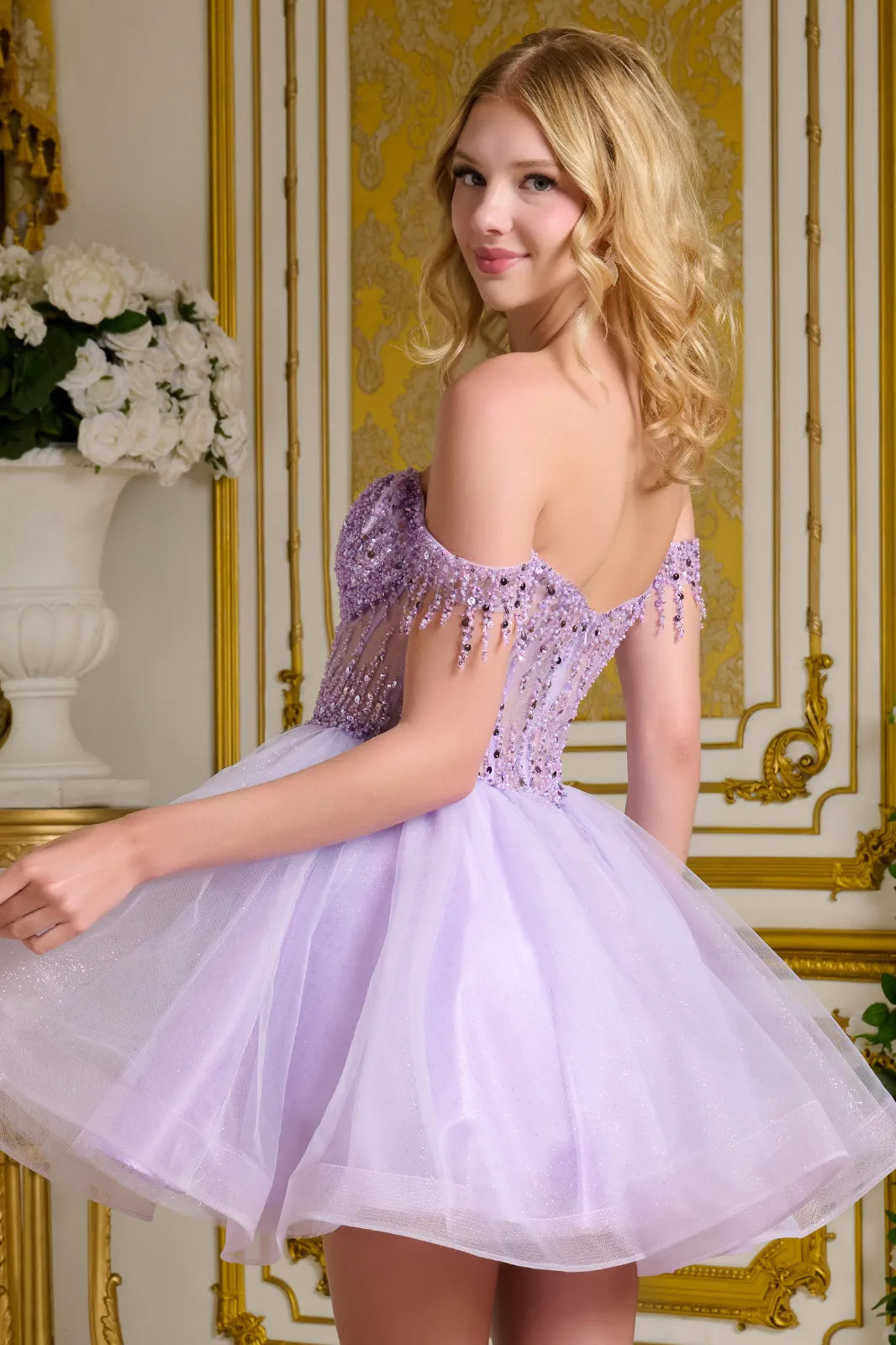 Off Shoulder Beaded Homecoming Dress Short Tulle A-Line Cocktail Dress by Elizabeth K GS3634
