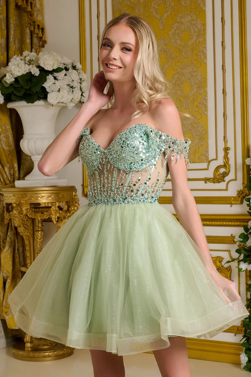 Off Shoulder Beaded Homecoming Dress Short Tulle A-Line Cocktail Dress by Elizabeth K GS3634