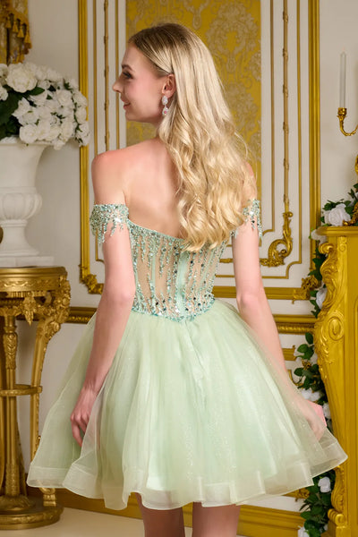Off Shoulder Beaded Homecoming Dress Short Tulle A-Line Cocktail Dress by Elizabeth K GS3634