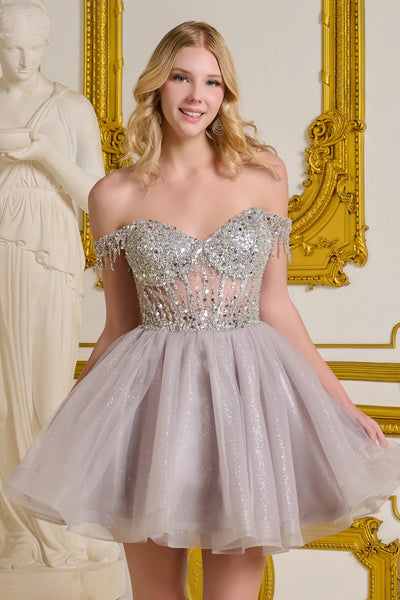 Off Shoulder Beaded Homecoming Dress Short Tulle A-Line Cocktail Dress by Elizabeth K GS3634