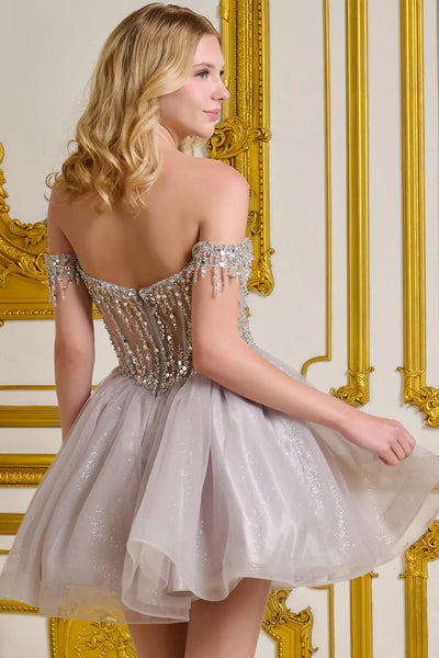 Off Shoulder Beaded Homecoming Dress Short Tulle A-Line Cocktail Dress by Elizabeth K GS3634