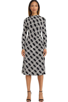 Maggy London GT1000M Multi Print Fit & Flare Black Ivory Mock Neck Long Sleeve Ruched Jersey Midi Dress