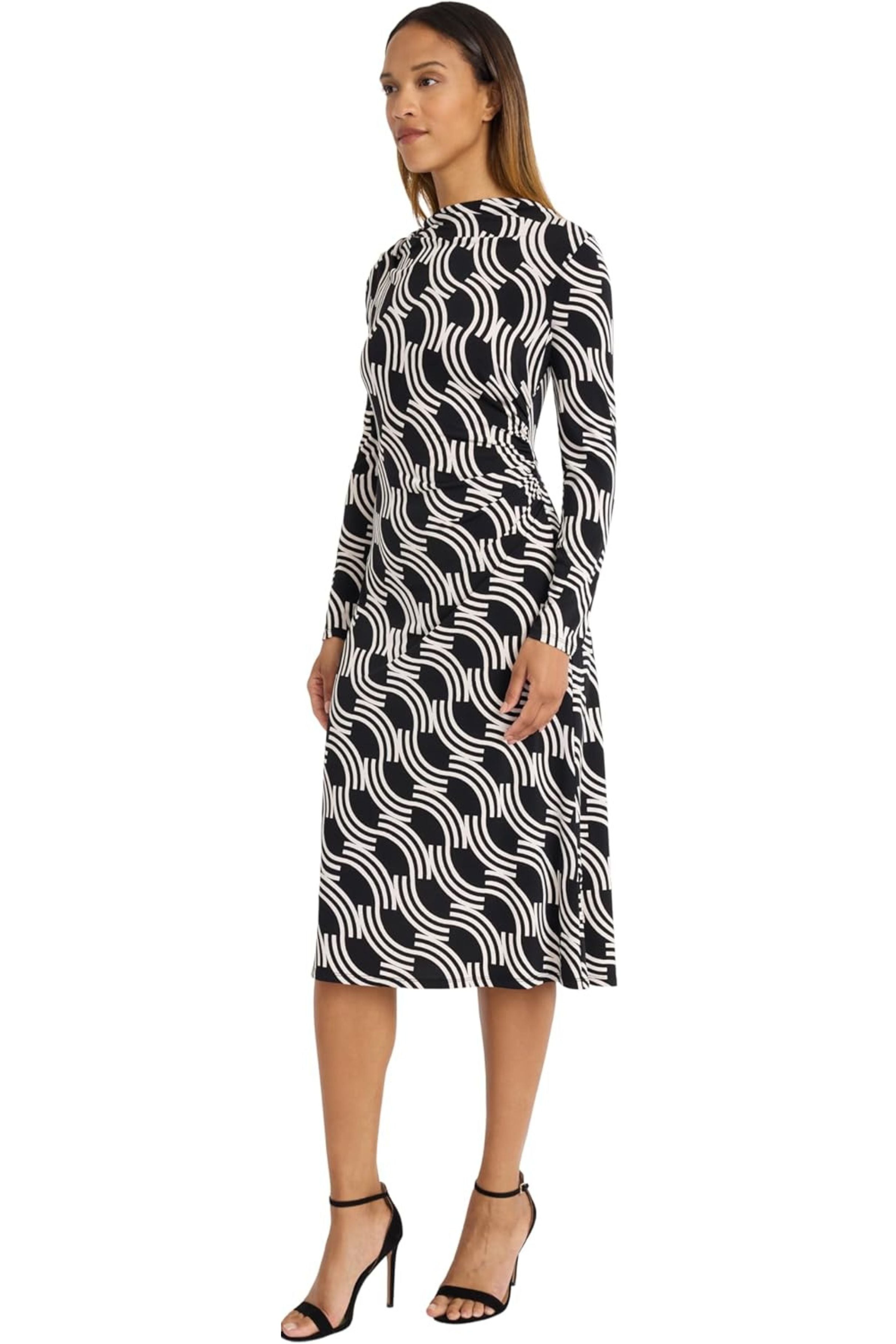 Multi Print Fit & Flare Black Ivory Mock Neck Long Sleeve Ruched Jersey Midi Dress by Maggy London GT1000M