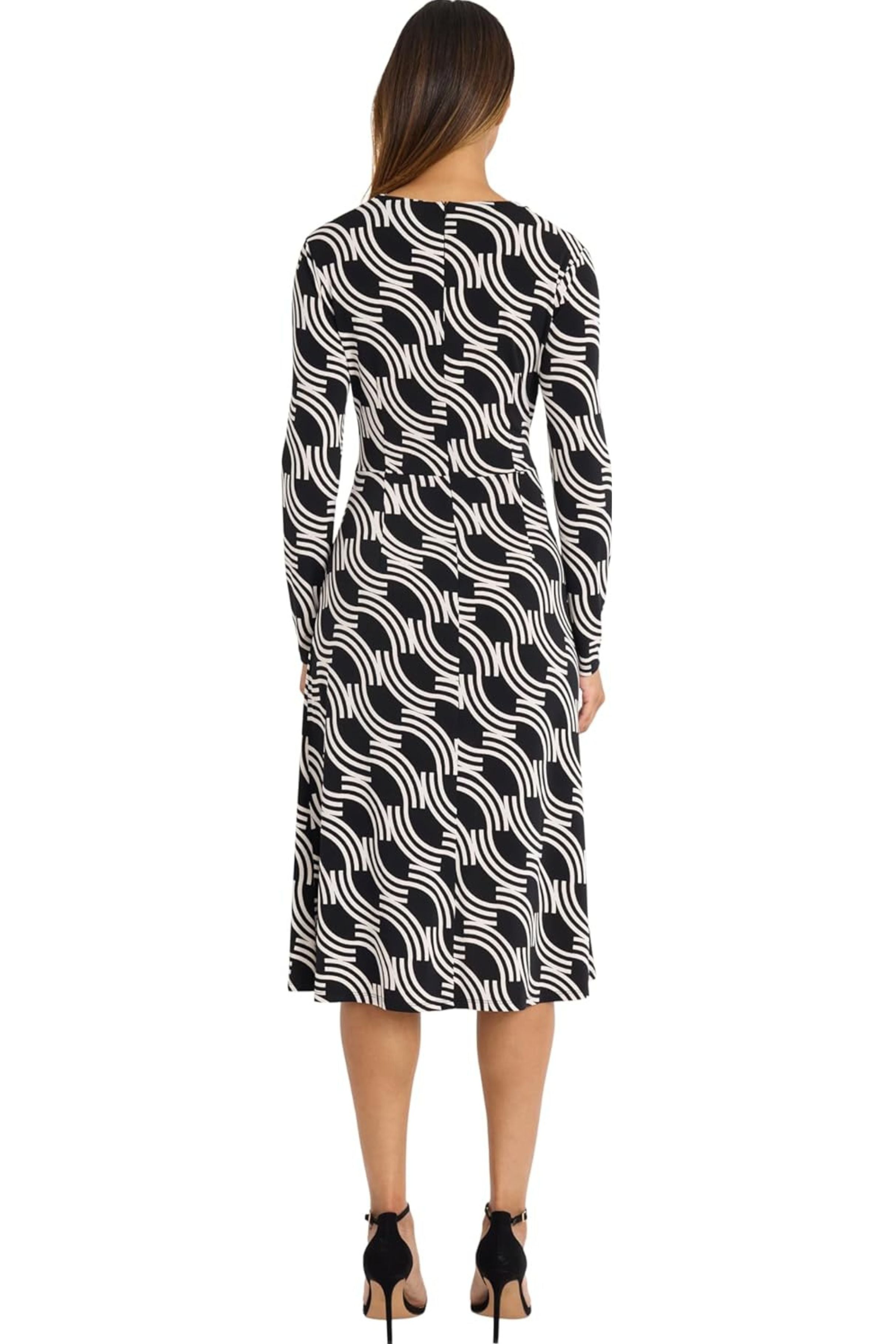 Multi Print Fit & Flare Black Ivory Mock Neck Long Sleeve Ruched Jersey Midi Dress by Maggy London GT1000M