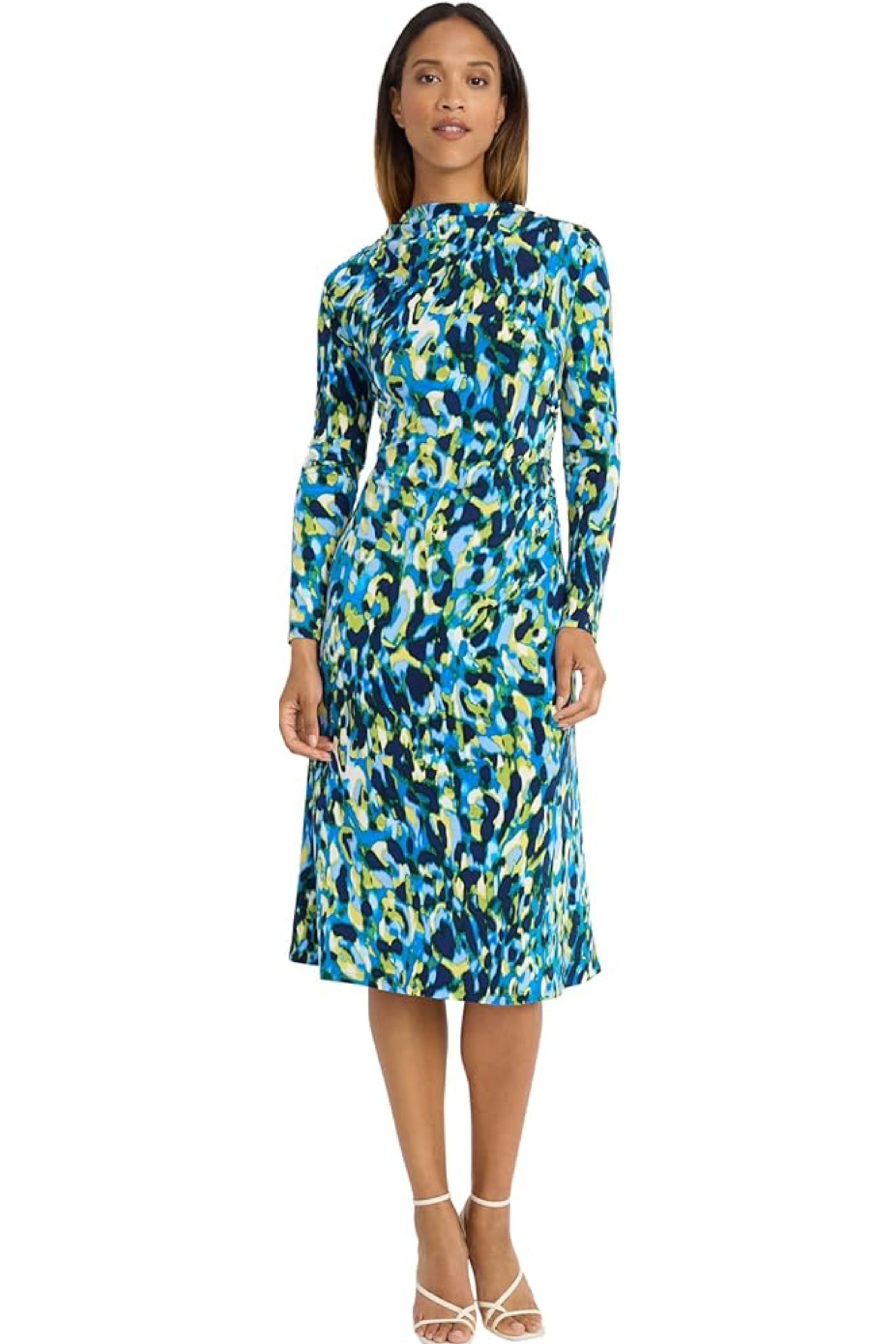 Multi Print Long Sleeve Fit & Flare Rybl Lcb Mock Neck Ruched Jersey Midi Dress by Maggy London GT1001M