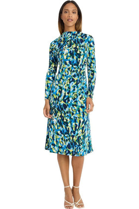 Maggy London GT1001M Multi Print Long Sleeve Fit & Flare Rybl Lcb Mock Neck Ruched Jersey Midi Dress