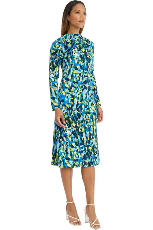 Multi Print Long Sleeve Fit & Flare Rybl Lcb Mock Neck Ruched Jersey Midi Dress by Maggy London GT1001M