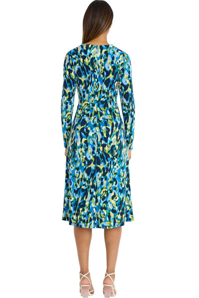 Multi Print Long Sleeve Fit & Flare Rybl Lcb Mock Neck Ruched Jersey Midi Dress by Maggy London GT1001M