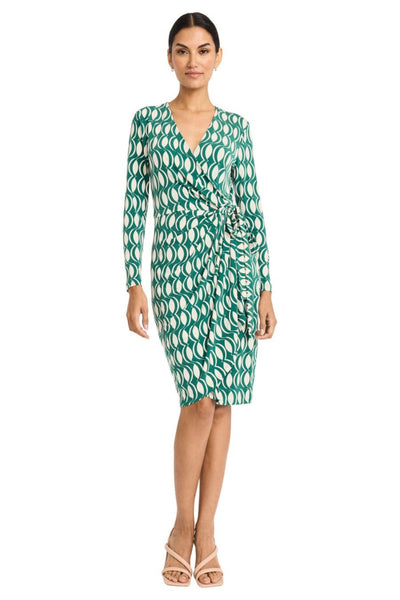 Geo Print Long Sleeve Green Cream and Rust Peach Jersey Wrap Dress by Maggy London GT1149M