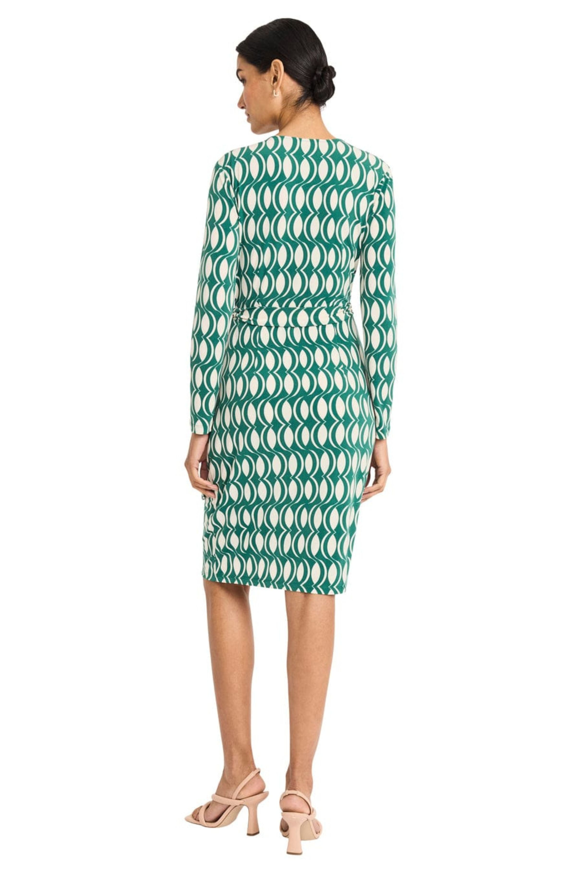 Geo Print Long Sleeve Green Cream and Rust Peach Jersey Wrap Dress by Maggy London GT1149M