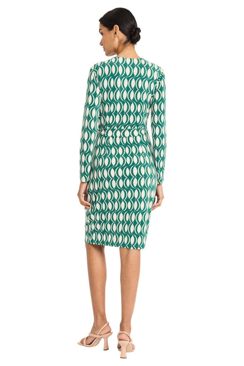 Geo Print Long Sleeve Green Cream and Rust Peach Jersey Wrap Dress by Maggy London GT1149M
