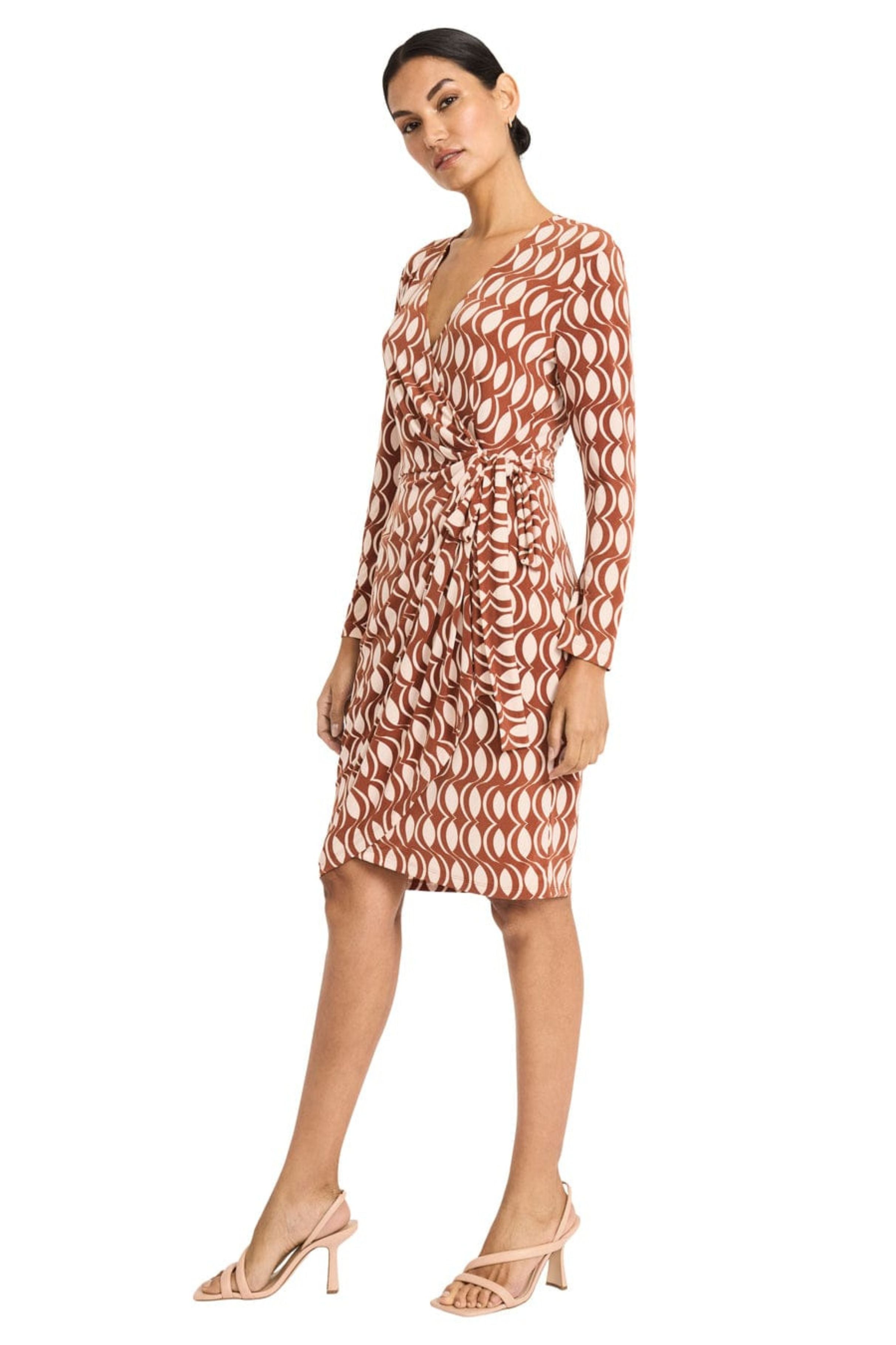Geo Print Long Sleeve Green Cream and Rust Peach Jersey Wrap Dress by Maggy London GT1149M