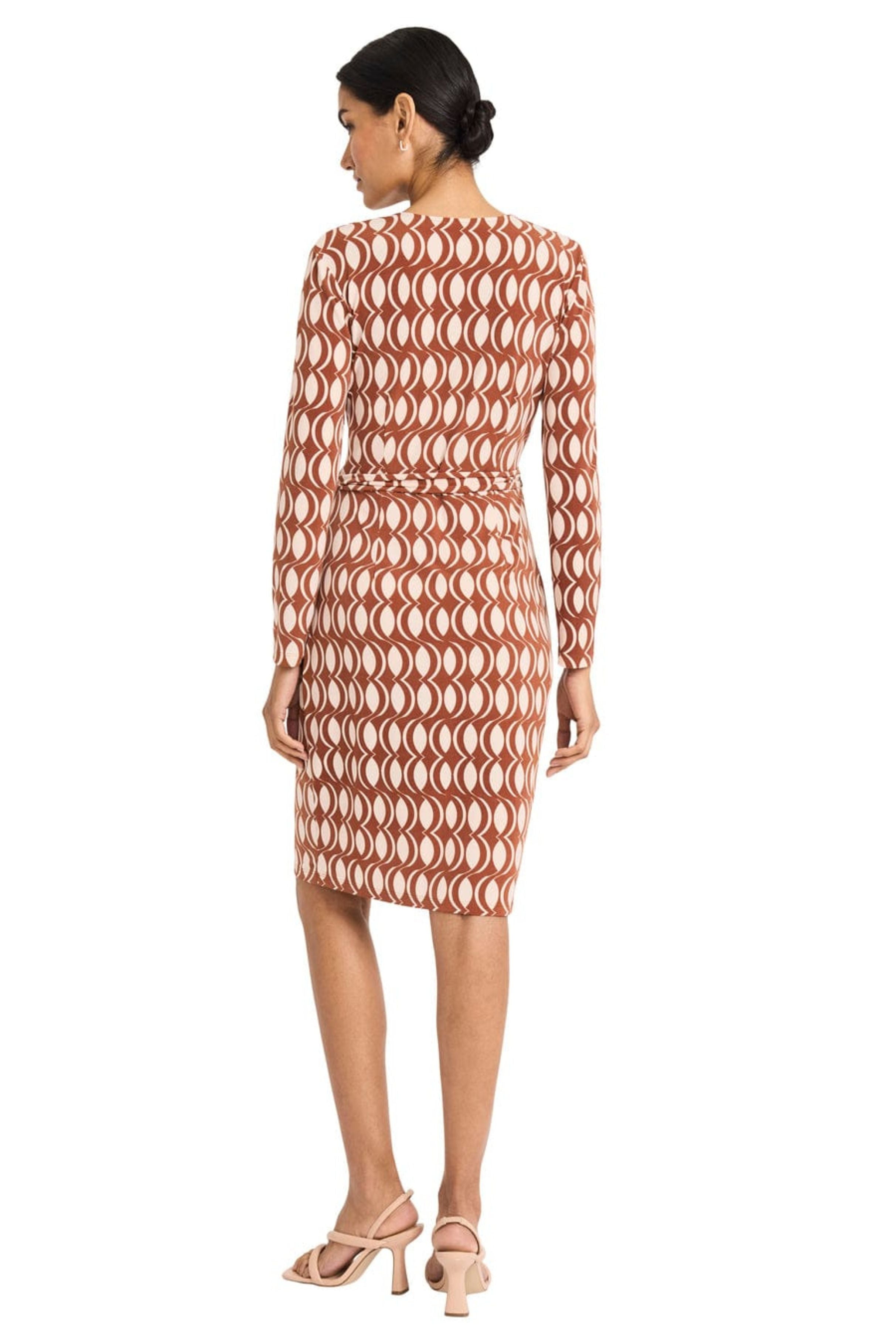 Geo Print Long Sleeve Green Cream and Rust Peach Jersey Wrap Dress by Maggy London GT1149M