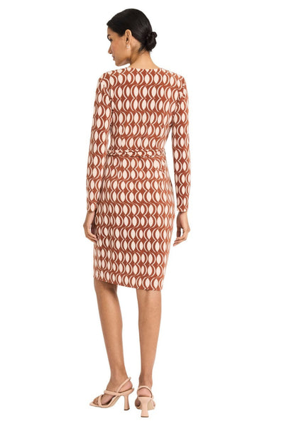 Geo Print Long Sleeve Green Cream and Rust Peach Jersey Wrap Dress by Maggy London GT1149M