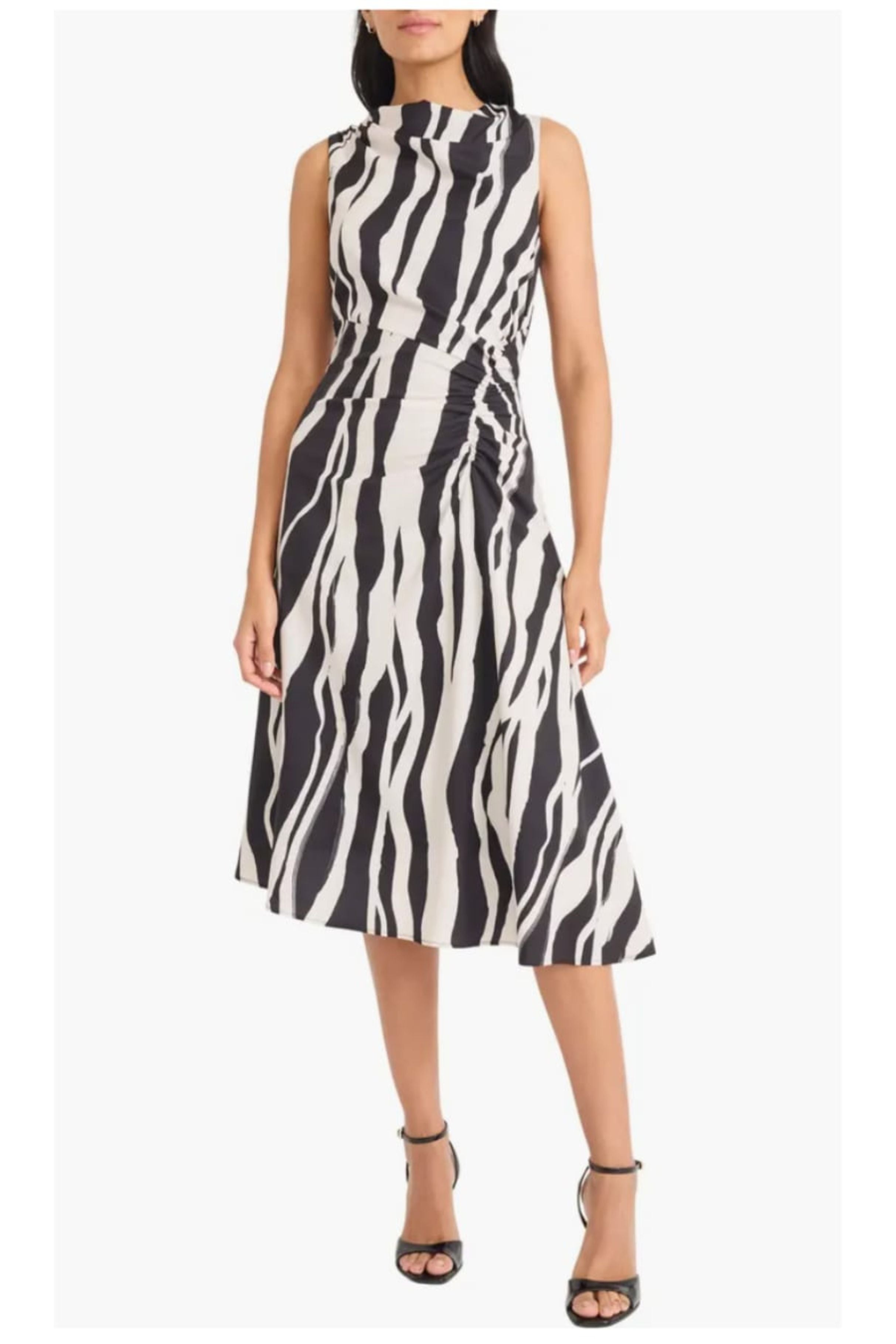 Multi Print A-Line Black Cream Sleeveless High Low Midi Dress by Maggy London GT1153M