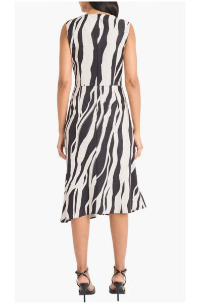 Multi Print A-Line Black Cream Sleeveless High Low Midi Dress by Maggy London GT1153M