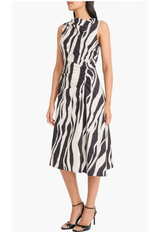 Multi Print A-Line Black Cream Sleeveless High Low Midi Dress by Maggy London GT1153M