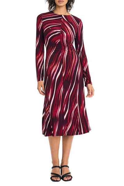 Multi Color A-Line Black Olive and Black Wine Long Sleeve Shirred Jersey Midi Dress by Maggy London GT1176M
