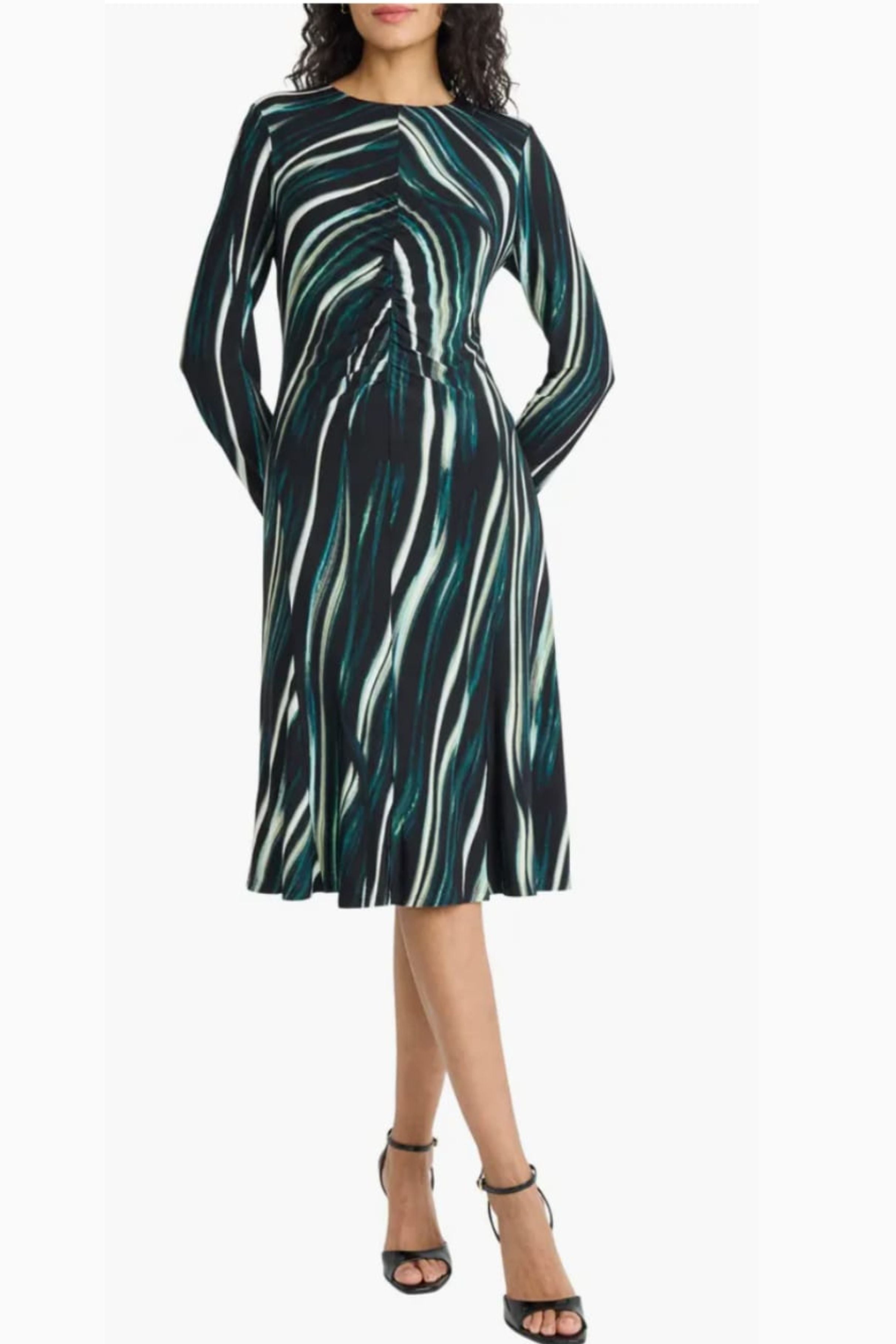 Multi Color A-Line Black Olive and Black Wine Long Sleeve Shirred Jersey Midi Dress by Maggy London GT1176M