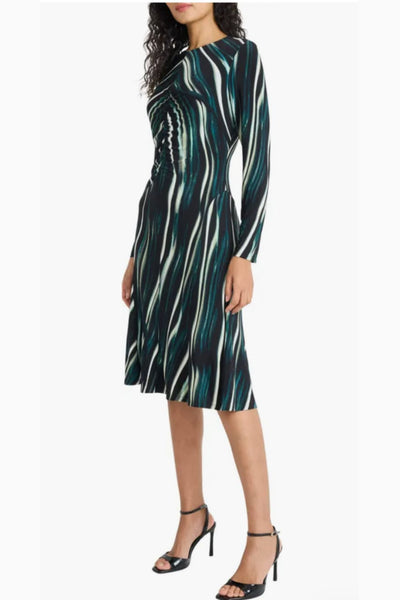 Multi Color A-Line Black Olive and Black Wine Long Sleeve Shirred Jersey Midi Dress by Maggy London GT1176M