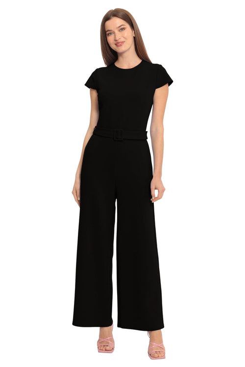 Short Sleeve Black and Spectra Green Scuba Crepe Jumpsuit by Maggy London GT582M