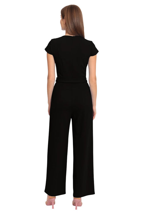 Short Sleeve Black and Spectra Green Scuba Crepe Jumpsuit by Maggy London GT582M