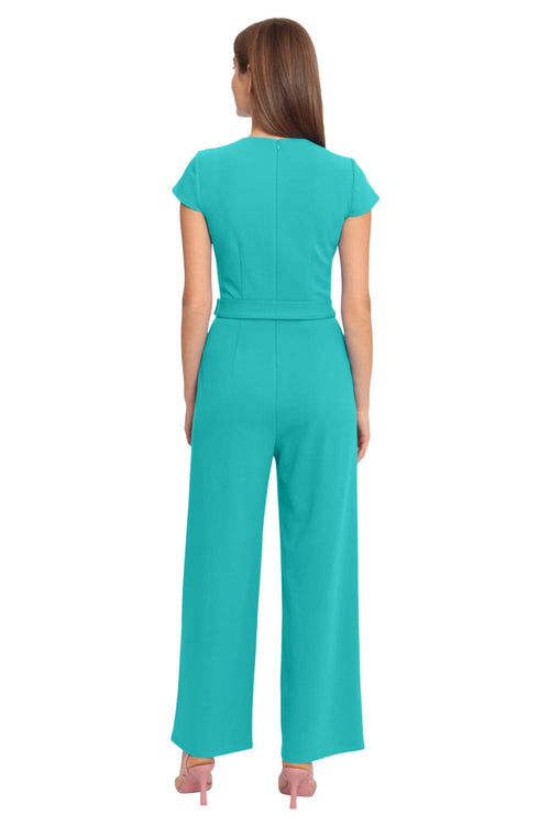 Short Sleeve Black and Spectra Green Scuba Crepe Jumpsuit by Maggy London GT582M