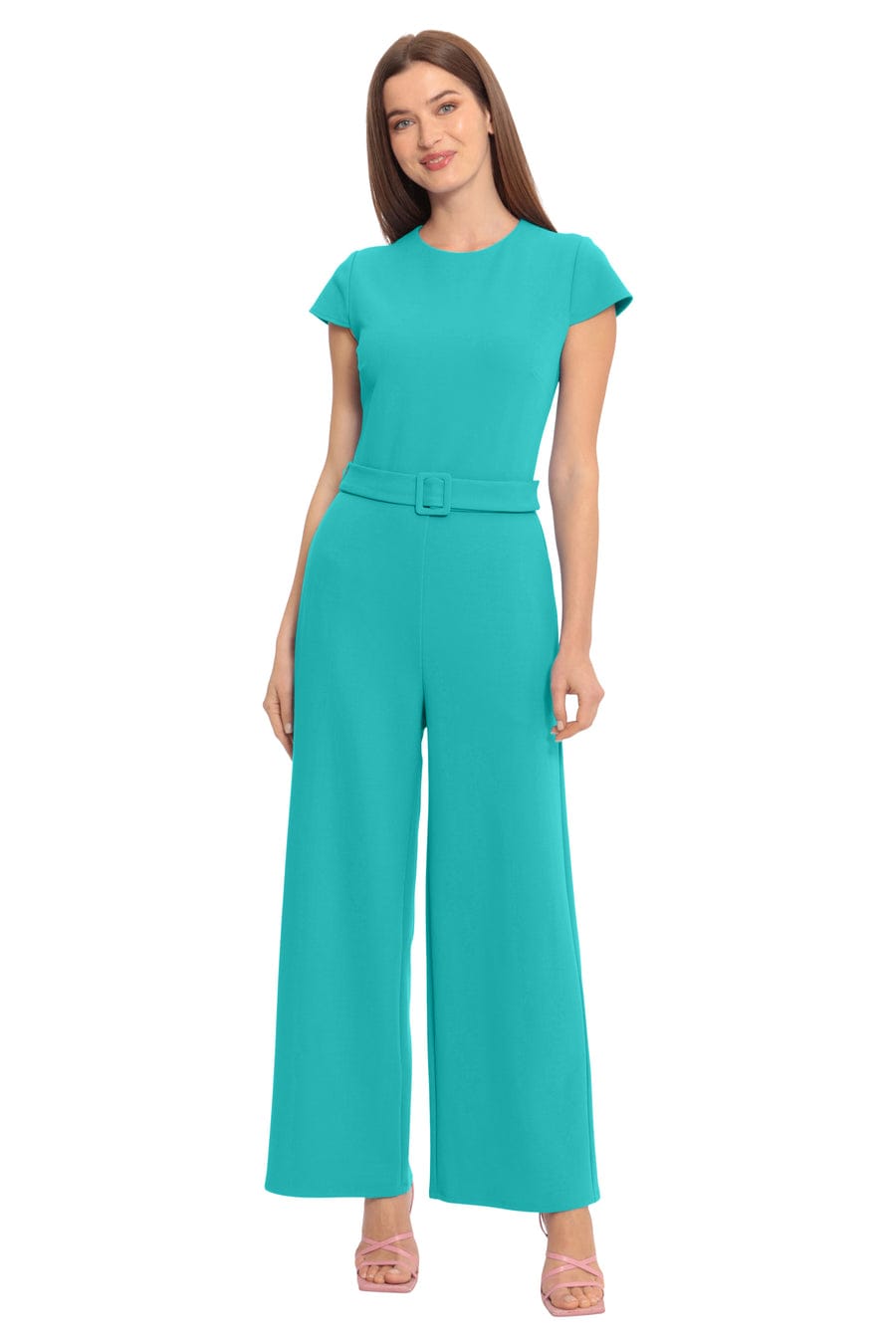 Short Sleeve Black and Spectra Green Scuba Crepe Jumpsuit by Maggy London GT582M