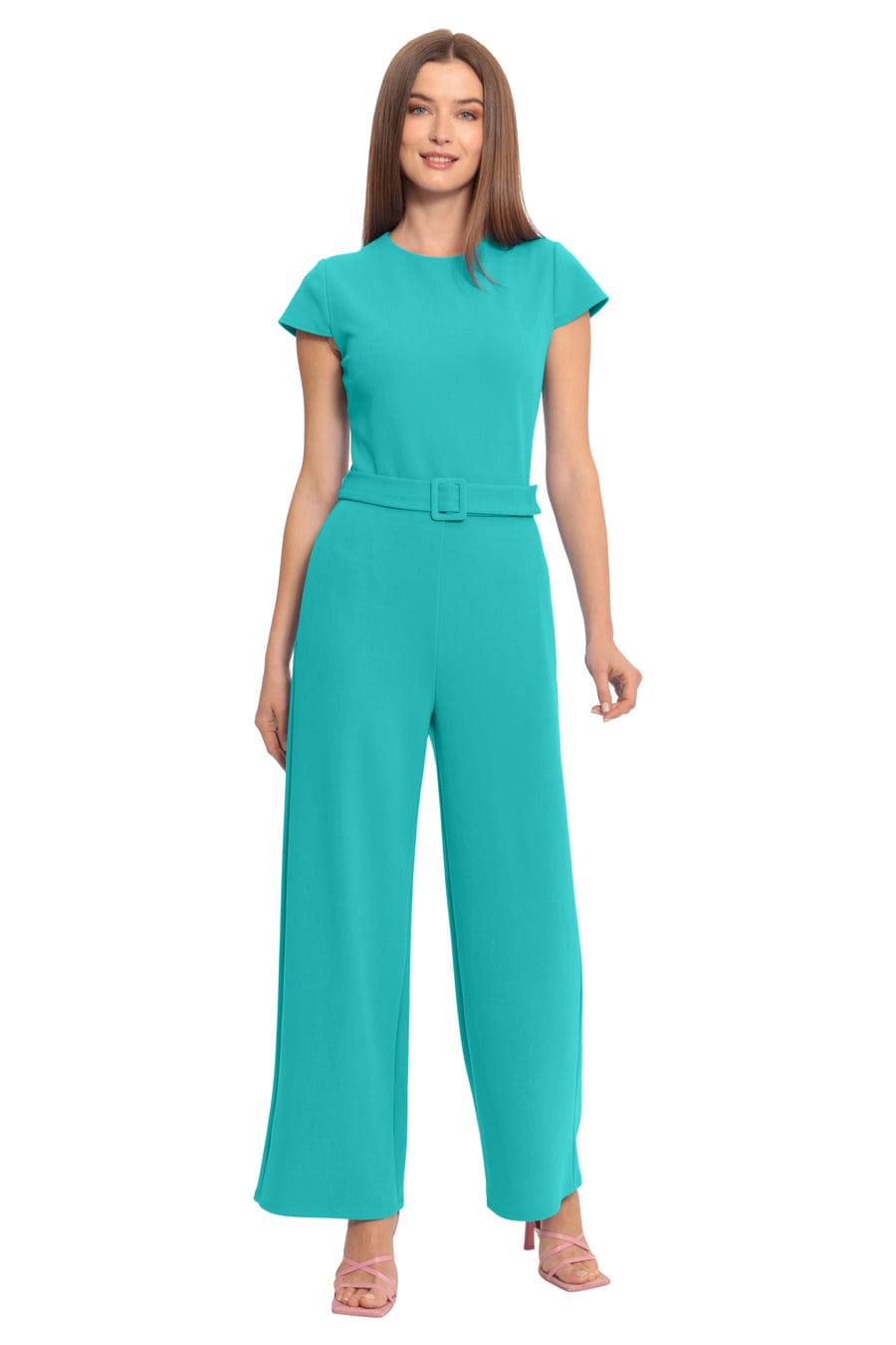 Short Sleeve Black and Spectra Green Scuba Crepe Jumpsuit by Maggy London GT582M