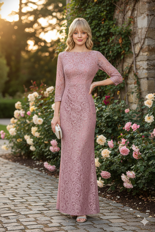 Vestido formal para madre de la novia Lenovia 5239 de encaje modesto con mangas 3/4 - Nueva colección