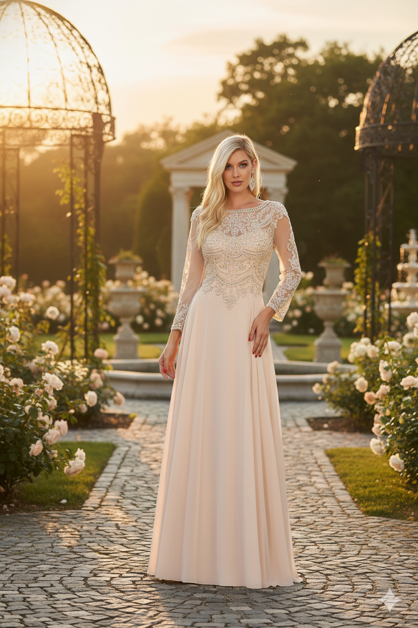 May Queen MQ1615 Long Sleeve A Line Classy Mother of the Bride Gown-New Collection