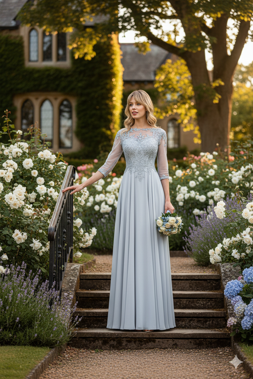 Vestido bordado de manga 3/4 Lenovia 8171 para madre de la novia