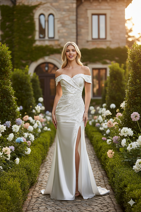 Ivory Off-Shoulder Satin Wedding Gown with Embellished Bodice and Thigh-High Slit By Lenovia 8353