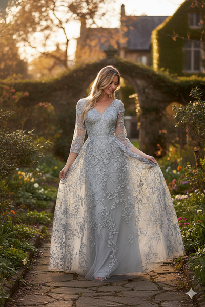 Embroidered A-Line Mother of the Bride Gown with Sheer 3/4 Sleeves By Lenovia 8356