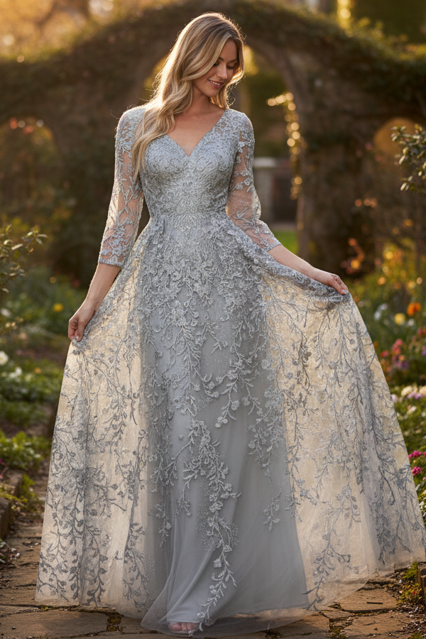 Embroidered A-Line Mother of the Bride Gown with Sheer 3/4 Sleeves By Lenovia 8356