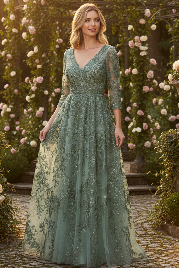 Embroidered A-Line Mother of the Bride Gown with Sheer 3/4 Sleeves By Lenovia 8356